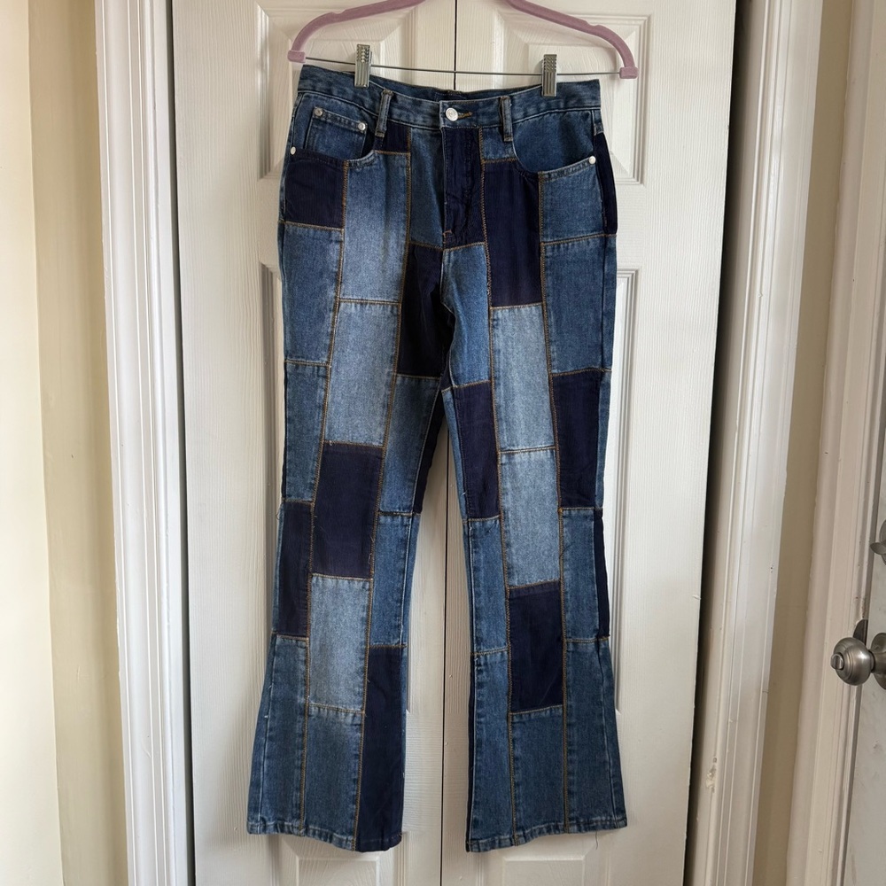 Vintage Blue Flare Patchwork Jeans